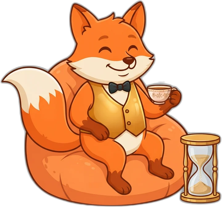 Kit the fox resting in a bean bag with a cup of tea beside an hourglass