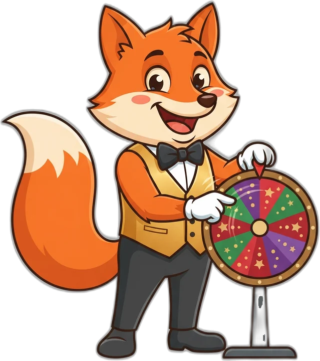 Kit the fox mascot spinning a small red, green and violet prize wheel